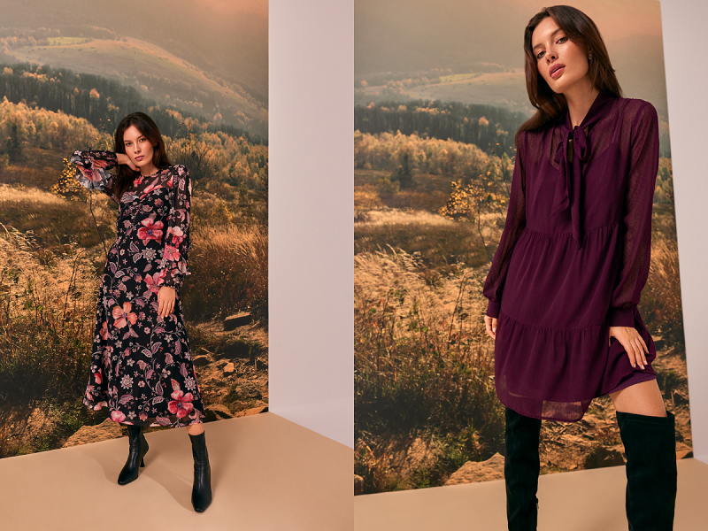 stylizacja z fioletową sukienką midi z długim rękawem i modnym wzorem na całości